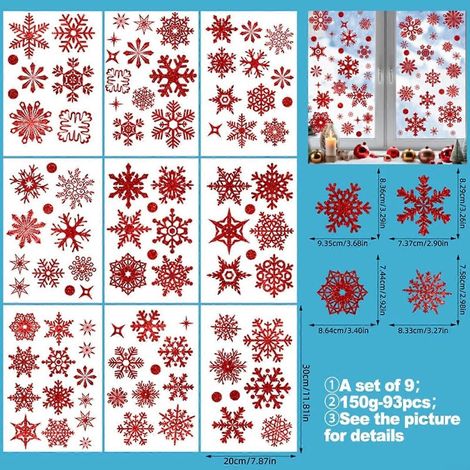 AURA 93 Stück Schneeflocken-Fensteraufkleber, selbstklebende Weihnachtsdekoration, dekorative Fensteraufkleber für die Fensterdekoration (rot) (1/5)
