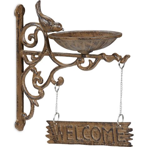 Relaxdays Vogeltränke Gusseisen, WELCOME Schild, Gartendeko, Wandmontage, Futterstelle, Wasserschale f. Wildvögel, braun