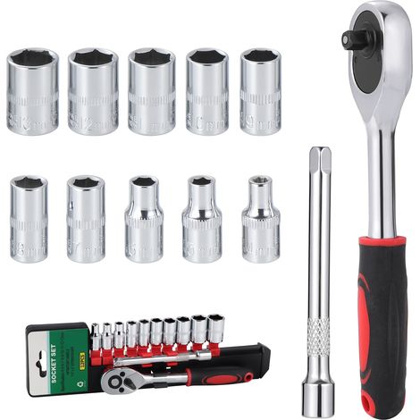 Lot de 12 clés à douille métriques de 6,35 mm, cliquet d'entraînement avec tige d'extension de clé à cliquet de haute précision, 10 pièces courtes (4-13 mm) pour réparation de voiture (1/5)