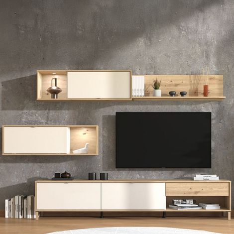 Pared Modular Alunzio, Mueble Salón 5 Estantes, un Cajón, Ajustable, 234x40x178h cm Blanco Crema (1/5)