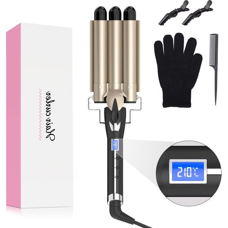 Fer a Onduler 3 Branches 22MM, ONDULATIONS SERRÉES Fer à Boucler Wavy 14 Niveaux de Température de 80 à 210⁰C, Revêtement en Céramique, Idéal pour tous les Types de Cheveux, Gant De Protection (1/5)