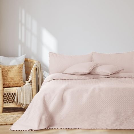 AmeliaHome Copriletto con pompon 200 x 220 cm, copriletto double-face, trapuntato, in poliestere, colore: rosa cipria (1/5)
