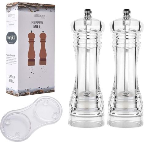 Lot de 2 moulins à poivre transparents rechargeables et réglables en acrylique transparent de 16.2 cm avec rotor en céramique (1/5)
