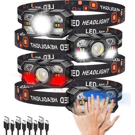 KunHe Confezione da 4 lampade frontali ricaricabili, a mani libere con sensore di movimento, 1800 mAh, 10 modalità, inclinabili a 60°, leggere per corsa, jogging, campeggio, pesca (1/5)