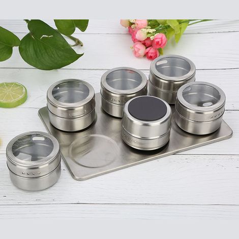 MINKUROW Set Di 6 Barattoli Magnetici Per Spezie In Acciaio Inossidabile, Barattoli Per Spezie Rotondi, Shaker Per Spezie, Contenitori Per Spezie, Coperchio Trasparente Per Spezie Da Cucina (1/5)