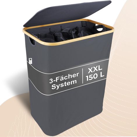 Panier à linge XXL avec couvercle 3 compartiments - Sac à linge en bambou - Système de tri pliable - Panier de rangement à linge (1/5)