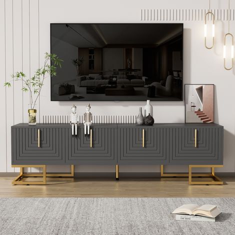 Mobile TV in pannello truciolare grigio 170x40x45,5 cm con 4 ante, ripiani interni, gambe e maniglie color oro (1/5)