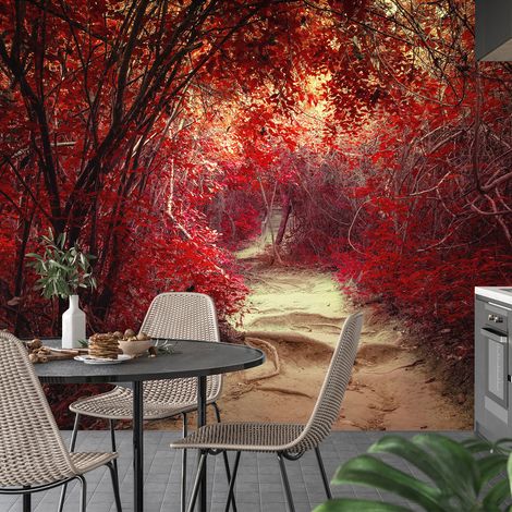 Papier peint panoramique - Chemin feuilles rouges - 130 cm x 86 cm (1/4)