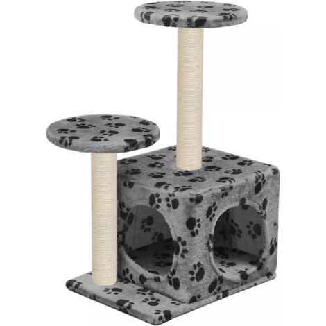 Tiragraffi albero per gatti cuccia per gatti peluche in sisal 60 cm grigio con motivo a impronta di zampa 3702168