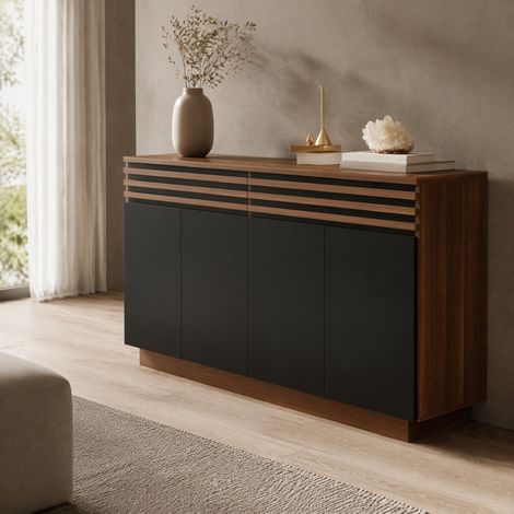 Credenza moderna 150 x 40 x 85 cm in MDF marrone e nero, 2 cassetti, 4 ante DESVIAE (1/5)