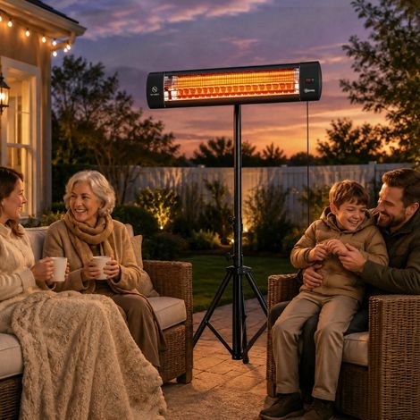 Calefactor infrarrojo para patio de 2500 W con control táctil y mando a distancia, 3 niveles de calor y soporte de altura regulable. (1/5)