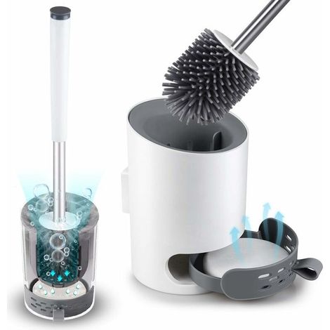 Toilet Brush with Wall Mount, Modern, Upgraded White Toilet Brush, Bathroom Toilet Brush Set with Silicone Bristles, Diatomaceous Earth Mat and Tweezers (1/5)
