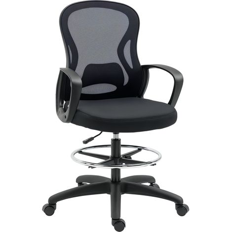 Chaise de bureau haute — Chaise de bureau pivotante en maille, réglable en hauteur et avec accoudoirs (avec repose-pieds) — Noir