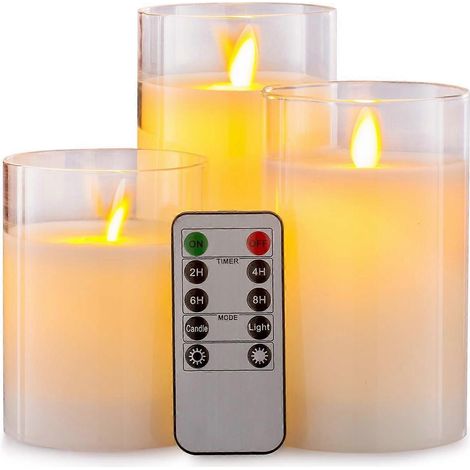 Lot de 3 bougies LED non fluorescentes à piles (3 po de diamètre x 4/5/6 po de hauteur). Bougies piliers en acrylique avec minuterie, idéales pour les fêtes de fin d'année (piles AAA). (1/4)