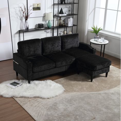 4-Sitzer-Sofa 196.5x75x77 cm schwarz Chenille mit Hocker, Stauraum, Getränkehaltern und Seitentaschen (1/5)
