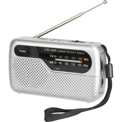 Radio portable, radios à transistors FM, étui portable, fonctionne avec 2 piles AA, petite radio de poche, radio FM, haut-parleur puissant, utilisation en intérieur et en extérieur (argenté) (1/5)