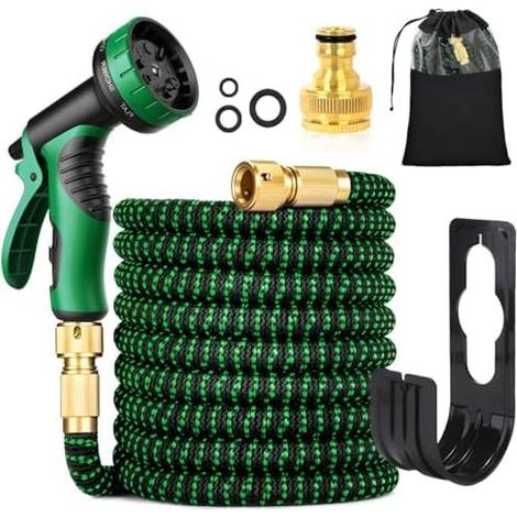 Flexibler Gartenschlauch, 30 m, grün, mit Sprühdüse und 3/4"- und 1/2"-Messinganschlüssen, dehnbarer Schlauch, 10 Funktionen, 3 ausziehbare Segmente, knickfrei, für Garten und Erde (1/5)
