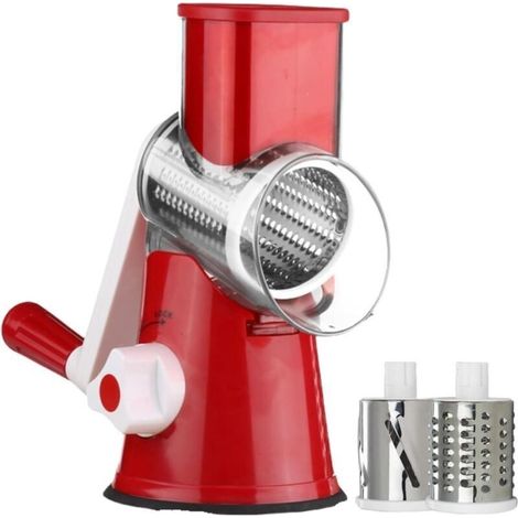 Round, manually operated cheese grinder with a powerful suction base. Easy-to-use potato grinder with 3 drum blades.