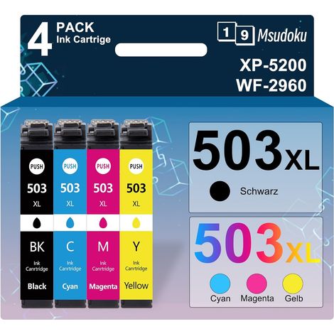 503XL Cartouches d'encre Compatible pour Epson 503 XL pour Epson Expression Home XP-5200 XP-5205 Workforce WF-2960DWF WF-2965DWF (Noir/Cyan/Magenta/Jaune, 4-Pack) (1/5)