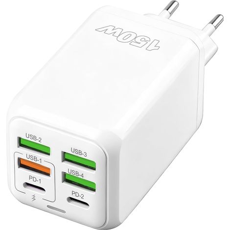 Chargeur USB C 150W Multiport 6 Ports 2 USB-C 4 USB-A pour Maison Voyage Adaptateur secteur compact compatible avec 16/15/14/13, gestion multi-appareils pour téléphone, tablette (1/5)