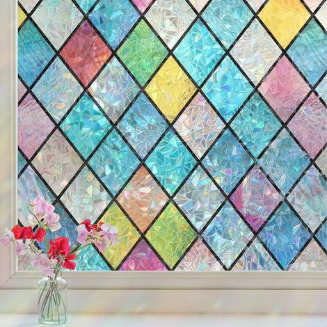 Stained Glass Window Film, Rainbow Privacy Film, Sun Blocking Decorative Stickers, Colorful Lattice Static Cling Stickers for Home Door 44.5 x 200 cm (1/5)