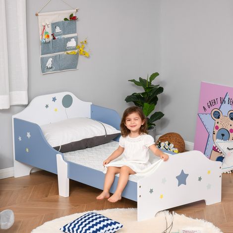 Lit pour enfants de 3 à 6 ans design étoiles sommier à lattes inclus chambre moderne 143 x 74 x 59 cm bleu blanc (1/5)