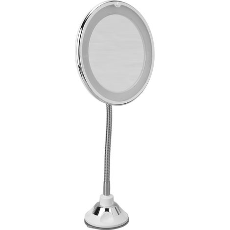 Miroir grossissant x10 avec éclairage LED intégré, ventouse et col de cygne réglable, idéal pour le maquillage à domicile ou au bureau.