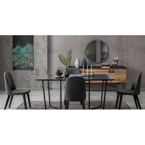 Comedor completo LOFT con 4 sillas madera, negro y efecto mármol