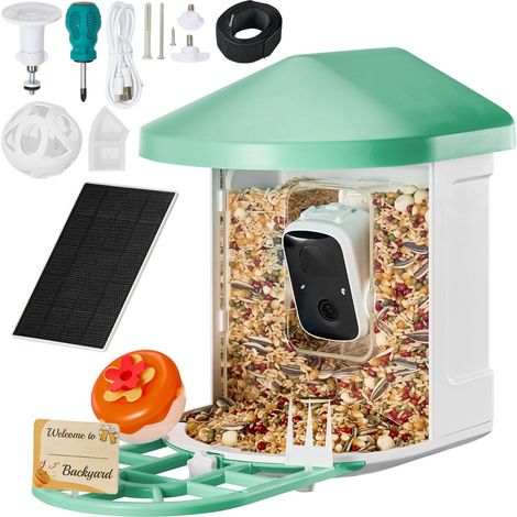 Mangeoire intelligente pour oiseaux avec caméra 2K HD, identification IA de plus de 10 000 espèces, panneau solaire, capture automatique et notification instantanée. Idéale pour les passionnés (vert). (1/5)