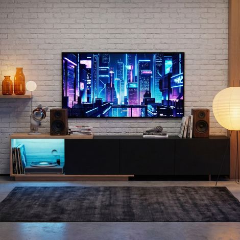 Creahappy Meuble TV Extensible 163-240 cm avec LED et 3 Tiroirs Push-to-Open, Meuble Télé Bas Moderne pour Salon jusqu'à 65 Pouces, Noir et Bois (1/5)