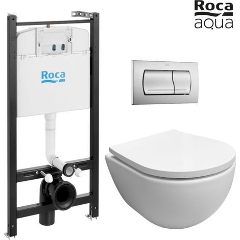 Bastidor empotrado ROCA Active cisterna empotrada y pulsador cromo mate con inodoro suspendido SWISS blanco brillo Soft-Close (1/5)