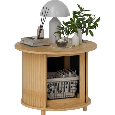 Table basse ronde en bambou avec rangement caché et porte coulissante Ø 60 cm H 45 cm bois naturel élégant pour salon moderne. (1/5)