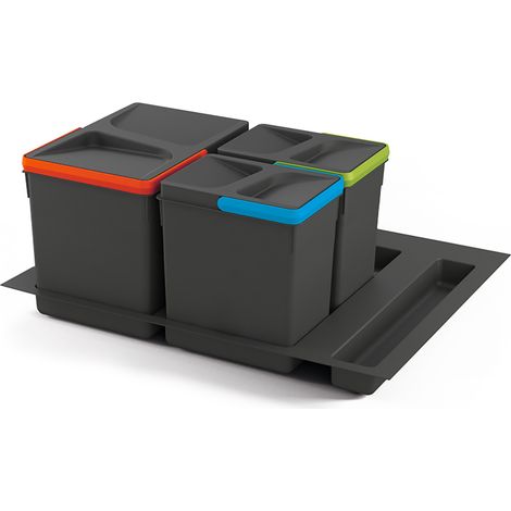 Emuca 8935723 Kit poubelle de tri sélectif pour tiroir de cuisine avec socle Recycle hauteur 216mm, 1x12litres, 2x6litres, modu (1/5)