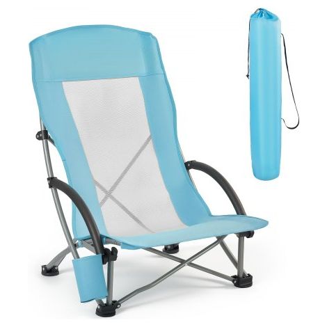 Silla de Playa Plegable Capacidad Máxima de 150 kg con Respaldo Alto de Malla, Almohada, Silla de Camping Portátil, Ancho, Resistente con Portavasos para Picnics Barbacoa Exteriores Aire Libre (1/5)