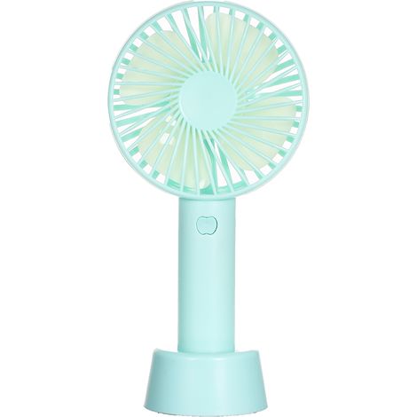 Mini ventilateur portable avec support, alimentation USB, 3 vitesses, bleu, idéal pour les activités intérieures et extérieures.