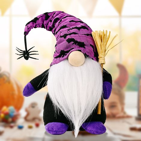 Lot de 2 décorations d'Halloween : gnome en peluche sans visage, violet et orange, sorcière, avec barbe et balai d'araignée, pour la décoration intérieure.