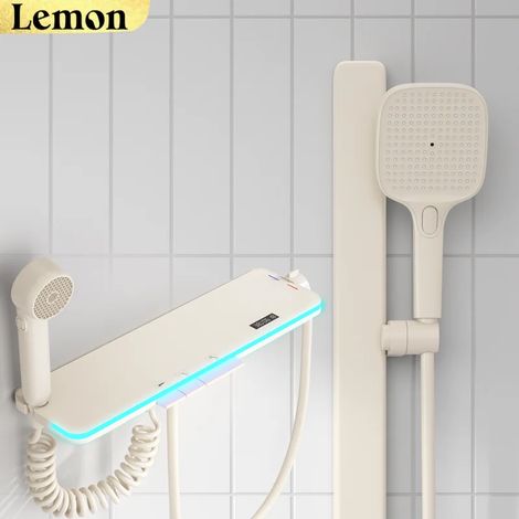 Ensemble de douche thermostatique intelligent (blanc laiteux), éclairage d'ambiance à boutons piano, douche effet cascade, affichage numérique (1/5)