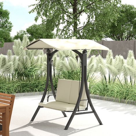 Balancelle de jardin deux places avec auvent réglable et coussins. 150 x 120 x 182 cm. Crème.