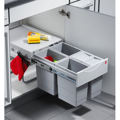 Hailo – Poubelle de cuisine tri sélectif 4 bacs encastrable 32L – Compartiments amovibles – Installation facile dans meubles de 40 cm – Métal et inox