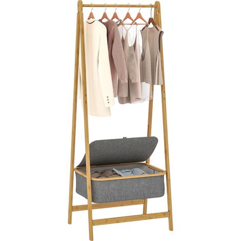 Portant à vêtements pliable en bambou avec panier en tissu et couvercle, idéal pour l'entrée, le couloir ou la chambre. Dimensions : 60 x 44,5 x 157,5 cm. Gris.
