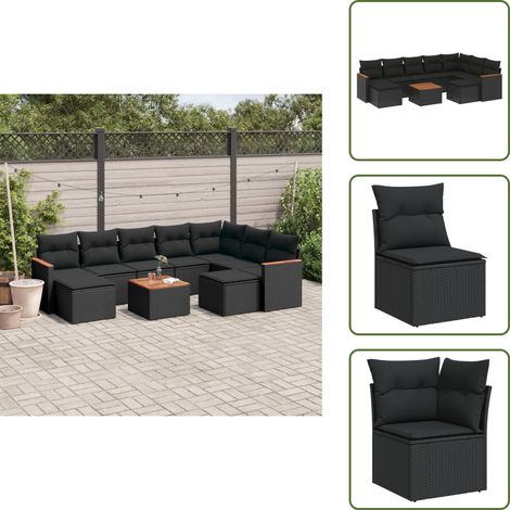 10-tlg. Garten-Sofagarnitur mit Kissen Schwarz Poly Rattan - Gartenmöbel - Outdoor-Set - Rattan-Möbel - Esstisch - Lounge Set (1/5)