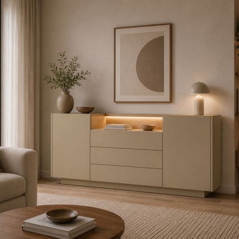 Credenza Haleli, Madia 3 Cassetti, 2 Ripiani, Apertura Battente, Scorrevole, 176x40x83h cm Marrone Chiaro (1/5)