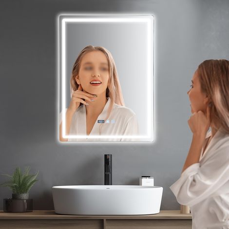 Touch Beschlagfrei Beleuchtung Wandspiegel LED Dimmbar Badspiegel mit Uhr