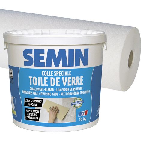 Colle en pâte pour toiles de verre Semin - prête à l'emploi - seau de 10 kg et toile de verre Sem Crepi Eco C 103 - motif crépi - 50 m x 1 m (1/5)