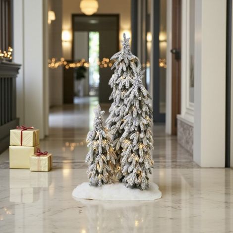 Set Of 3 Pre-Lit Flocked Snowy Trees (1/2)