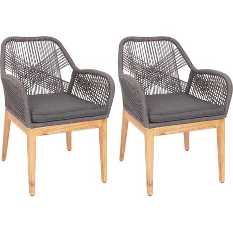 [NEUWERTIG] 2er-Set Gartenstuhl HHG-678b, Sessel Outdoor Stuhl, wetterfest Seilgeflecht Holz Akazie grau Kissen anthrazit