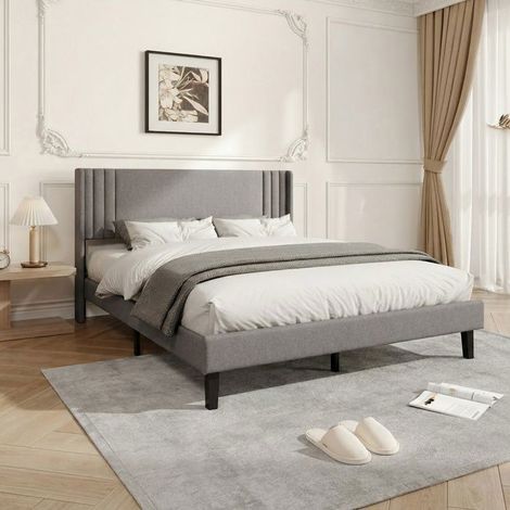 Struttura Letto Matrimoniale 140x190 cm, Testiera in Lino Morbido, Strutture in Metallo e Legno, Grigio (1/5)