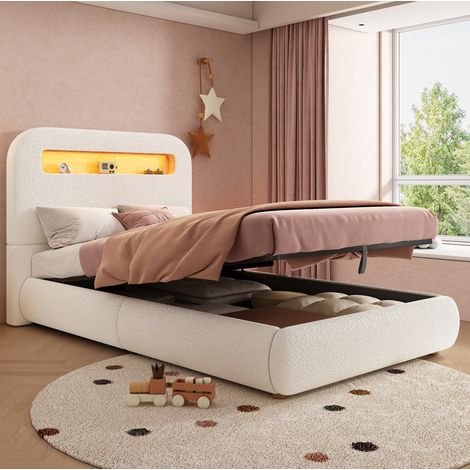 Cama infantil con almacenamiento LED bouclé blanca OKMYHOME (1/5)