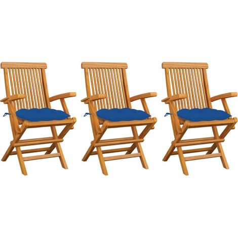 Chaises de jardin avec coussins bleu 3 pcs Bois de teck massif (1/5)