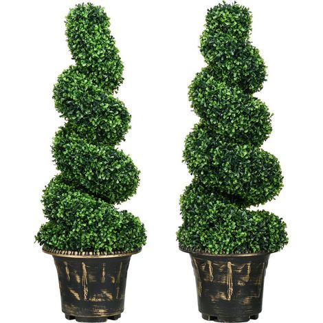 Buis spiralé, lot de 2 plantes artificielles, avec pot, 90 cm de hauteur, vert (1/5)